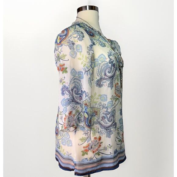 Liz Claiborne Blouse Women’s Size 1X White Multi Paisley Print Top 3/4 Sleeves - Picture 2 of 11